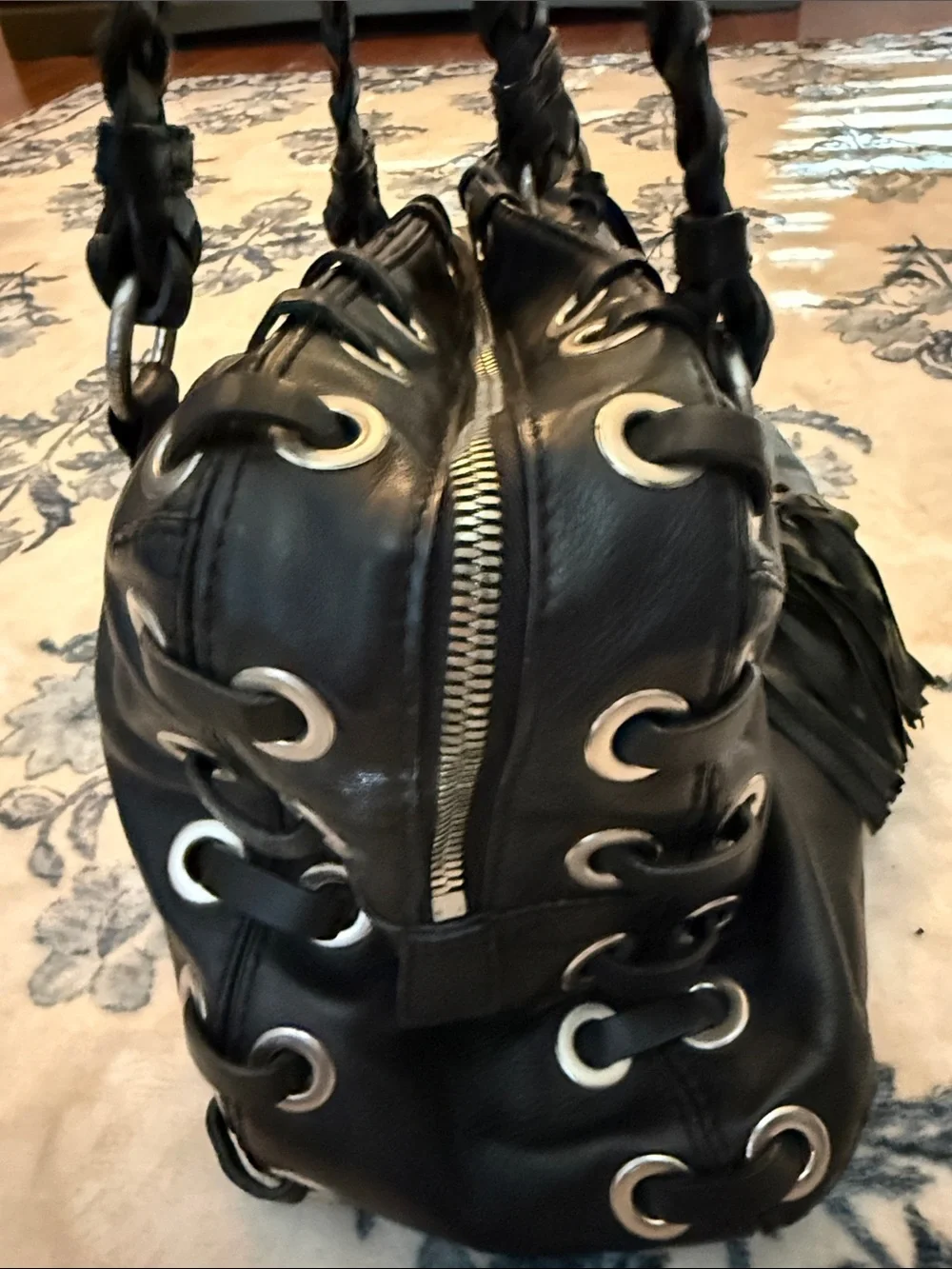 Michael Kors Black Leather Shoulder Bag with Braided Handles and Tassel